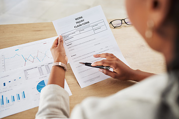 Image showing Legal injury form, hands and person with lawyer and writing with document and paperwork at law firm. Attorney, claim and contract to sign at a company with chart and agreement information with pen