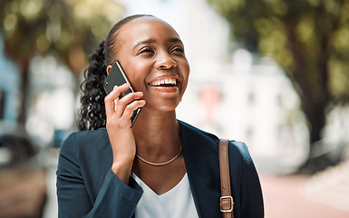 Image showing Phone call, business woman and smile outdoor in a city park with networking and connection. Commute, African female person and happy from discussion and talking on a mobile with a conversation