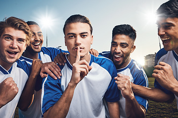 Image showing Soccer, team secret and portrait with group cheer outdoor on a field with emoji hand sign. Men, silence and confidential game plan with fitness, training and sport athlete with win celebration