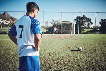 Image showing Soccer, thinking and a man on a field for a goal, sports penalty or training for a team. Fitness, focus and an athlete getting ready to kick a football during a competition for cardio, win or playing