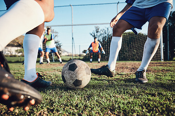 Image showing Ball, soccer and men with exercise, grass and health with workout goal, fitness and motion with action. Male players, speed or athlete with a challenge, football and sports with competition or energy