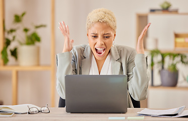 Image showing Angry, business woman and laptop with internet problem, 404 and mistake in a office. Computer glitch, scream and person trading and stress from stock market fail and anxiety with tech in a workplace