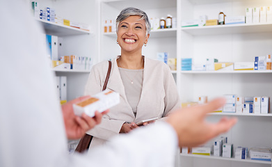Image showing Pharmacy, consulting and smile with woman in store for shopping, medicine and help. Retail, medical and healthcare with senior customer and pharmacist for expert, information and prescription
