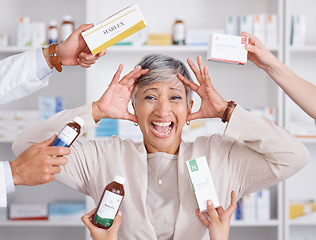 Image showing Healthcare, stress and senior woman with medication for a sickness, flu or cold at pharmacy. Crazy, burnout and portrait of mature female person shouting or screaming with medicine options in clinic