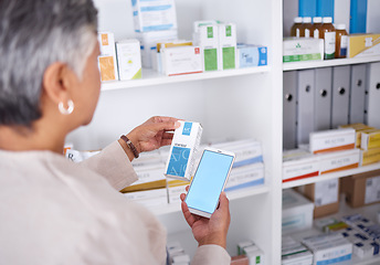 Image showing Woman, hands and phone mockup at pharmacy for medication, research or information on product in store. Female person looking at medicine with smartphone display for pharmaceutical search at clinic