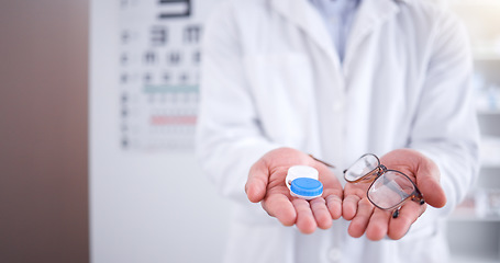 Image showing Optometrist, holding and contact lenses with glasses with doctor for vision with healthcare. Frame, person and eyesight correction with plastic container for health or laser surgery with optician.