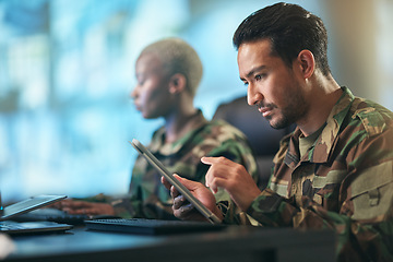 Image showing Asian man, army and tablet in surveillance, control room or checking data for military intelligence. Male person, security or soldier working on technology for online dispatch or networking at base