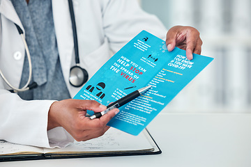 Image showing Doctor, hands and covid documents for healthcare, safety or information for advice or consultation at hospital. Person or medical professional show pamphlet, paper or poster for life insurance