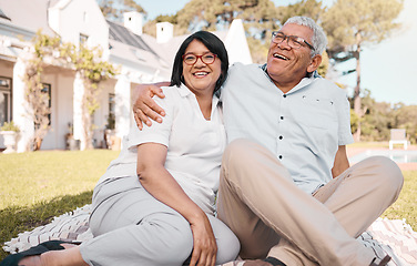 Image showing Garden, retirement and portrait of senior couple at home excited for moving to house, property and rental. Love, real estate and happy man and woman on grass for investment, mortgage and homeowner