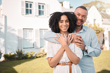 Image showing New home, real estate and portrait of couple in garden excited for moving to house, property and rental. Love, relationship and happy man and woman embrace for investment, mortgage and homeowner