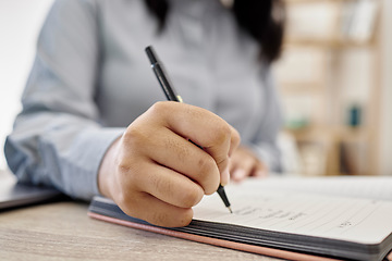 Image showing Planning, writing and hands of woman with notebook at desk in office for learning, notes and checklist. Brainstorming, strategy and closeup of female person with pen write ideas, schedule or reminder