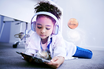 Image showing Child, science and astronomy on tablet with web education and internet app for kids. Home, child and digital holograph of space and planets with headphones listening to children research podcast