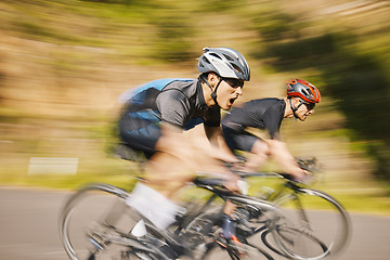 Image showing Man, mountain and cycling in motion blur, speed and helmet for training together, exercise and health in summer. Cyclist athlete, teamwork and fast for race, performance and workout with competition