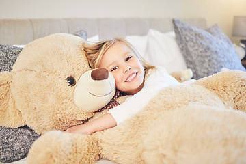Image showing Happy, bedroom and portrait of girl with teddy bear for sleeping, comfortable and happiness at home. Family, child development and female child with fluffy toy in bed for hugging, cozy and bedtime