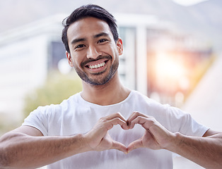 Image showing Portrait, smile and Asian man with heart sign, support and review with romance, loving and social media. Face, male person and guy with symbol for love, casual or romantic shape with feedback or care