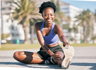 Image showing Exercise, health and stretching with a black woman runner outdoor for the cardio or endurance training of her body. Fitness, sports or running with a young athlete getting ready for a workout