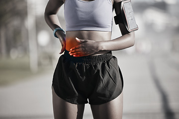 Image showing Fitness, woman and red stomach pain from exercise injury, training problem or first aid risk. Sports accident, closeup and abdomen of female athlete with appendicitis emergency, hurt muscle or cramps