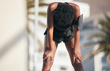 Image showing Woman, tired and stop for sports, running break or workout challenge outdoor. Female athlete, rest and out of breath for fitness, exercise or fatigue of cardio marathon, training and race in sunshine