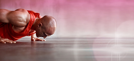 Image showing Man, fitness and pushup on floor with space, mockup and wellness for muscle development, goal and vision. Bodybuilder, strong body and anatomy with overlay for training, goal and exercise mock up