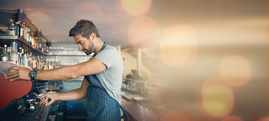 Image showing Coffee shop, barista man and mock up with space, overlay and bokeh for drink, espresso machine and work. Small business owner, restaurant and cafe with focus, vision and service with hospitality