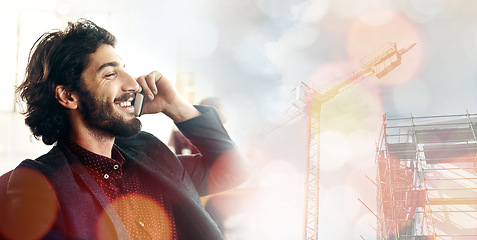 Image showing Businessman, phone call and construction site in double exposure for networking, conversation and smile. Man, smartphone and ceo architect with happiness, success and communication for property deal