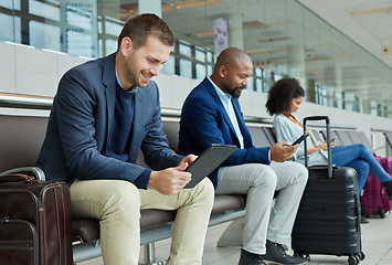 Image showing Airport, lobby and people on technology for online booking, flight information and travel schedule. Digital app, news and business man on tablet for immigration, international or global opportunity