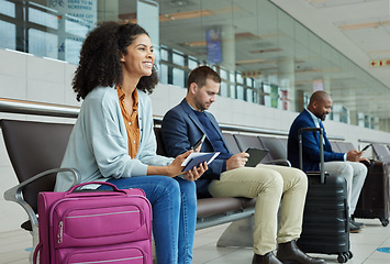 Image showing Travel, excited and black woman in airport, ticket and luggage with smile, boarding and international. African American female traveler, lady and girl with suitcase, departure and passport with phone