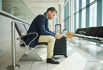 Image showing Ticket, airport and business man in waiting room travel, global opportunity and transport time or schedule. UK employee, entrepreneur or corporate person in lobby with flight services for immigration