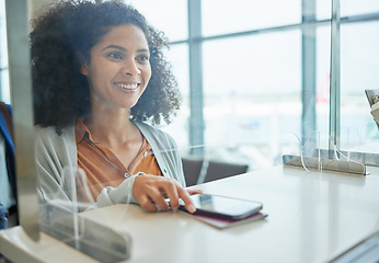 Image showing Airport counter, black woman and phone at ticket desk with happiness from travel and vacation. Air traveling customs, young person and airplane transportation check in ready for international flight