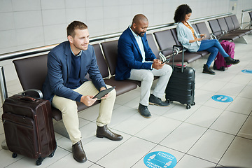 Image showing Traveling, tablet and man in airport, passport and luggage with tourist waiting, boarding or international. Male leader traveler or gentleman with suitcase, departure and ticket for travel and online