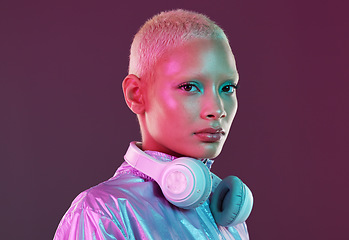 Image showing Vaporwave fashion, chroma clothing and portrait of black woman with headphones in studio. Futuristic style, gen z and cosmetics of a young person isolated with cyber and technology aesthetic