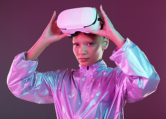 Image showing Vr headset, futuristic portrait and black woman ready for metaverse and virtual reality experience. Isolated, studio and model with ai, digital and future technology with cyberpunk style and tech