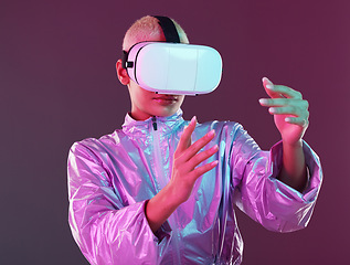 Image showing Woman, virtual reality glasses and metaverse for futuristic gaming, digital transformation and tech. Cyberpunk person hands on studio background with vr headset for 3d and cyber world user experience