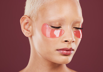 Image showing Eye patches, beauty and skincare of black woman with cosmetics and dermatology treatment. Relax, spa and young model in a studio with wellness facial for eyes and cosmetic face mask with collagen