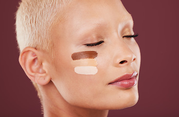 Image showing Beauty, foundation and face of woman with makeup products, cosmetics and contour on studio background. Skincare, self care and female model for skin tone, toner or facial treatment application lines