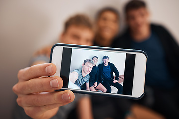 Image showing Phone, selfie and friends together after exercise feeling relax with a smile and mobile connection. Profile picture, social media and networking app of a man hand holding cellphone for group photo
