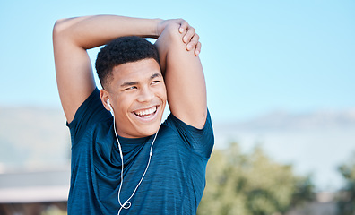 Image showing Fitness, workout and man exercise or stretching for morning training routine while streaming music or podcast with earphones outdoors. Mockup, health and male athlete for wellness ready sport