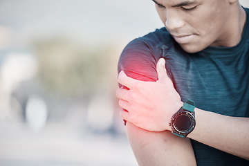 Image showing Fitness, man and shoulder pain after training, exercise and guy with muscle tension, strain and ache. Arm, male and athlete with red highlight, injury and medical emergency with smartwatch and sports