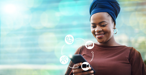 Image showing Phone app graphic, black woman and erp mobile application hologram with mockup. web networking, online communication network and digital networking options of a happy female with mock up and tech