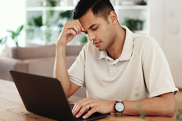 Image showing Tired, headache stress and man with a laptop, remote work problem and burnout. Fatigue, depression and entrepreneur with anxiety from bad news on pc, migraine and frustrated with a glitch at home