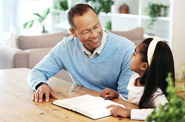 Image showing Family, grandfather and child reading book, teaching and learning bible story, questions and education in living room. Black people or senior man and kid story, holy or spiritual development and help