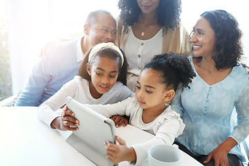 Image showing Happy, smile and relax with big family and tablet for elearning, website and internet. Communication, distance learning and technology with children and grandparents for streaming and subscription
