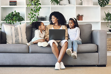 Image showing Mother, children and laptop in family home living room for remote work, online education and wifi. Woman and girl kids together on couch with internet for learning, games and watch movies or relax