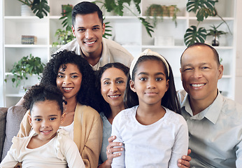 Image showing Portrait of family with kids, parents and grandparents on sofa with smile in happy home in Brazil. Happiness, generations of men and women with children, spending time together making fun memories.