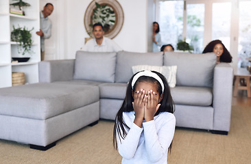 Image showing Hiding, counting and family playing a game in the living room for bonding, quality time and fun. Together, playful and child covering her eyes for hide and go seek with parents and siblings in lounge