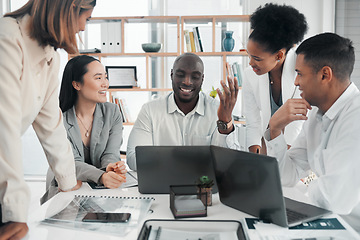 Image showing Business meeting, teamwork and laptop for diversity planning, ideas and strategy in office. Happy collaboration with men and women talking, discussion and brainstorming for innovation and vision