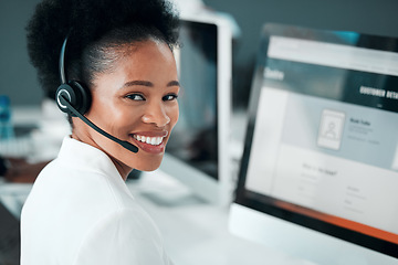 Image showing Crm, telemarketing and black woman portrait in a call center with customer support success. Web consultant, happy and lead generation worker at a office computer with a smile from consultation