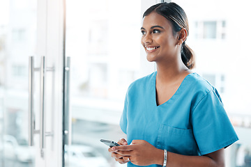 Image showing Nurse, phone and healthcare while thinking of idea or mockup space for life insurance and website. Woman surgeon or doctor with smartphone for communication, online consultation and medical research