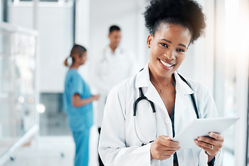 Image showing Research, portrait and black woman with tablet for healthcare, medicine and consultation email. Schedule, communication and African doctor with technology for service, telehealth and nursing