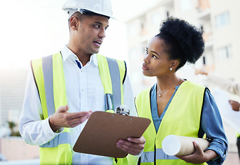 Image showing Engineer, Latino man and black woman outdoor, blueprints and discussion for deadline, schedule and new project. Architecture, male employee an female manager with paperwork, clipboard or conversation